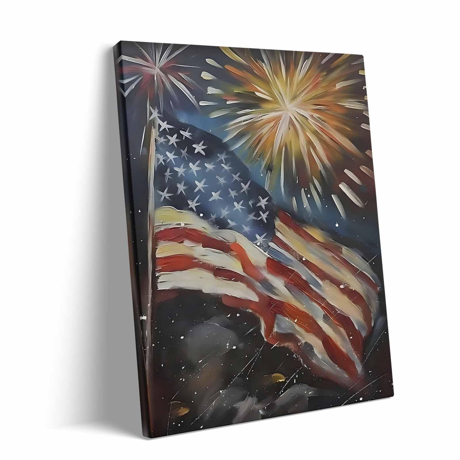 4 of July Canvas Wall Art, Fireworks and American Flag Painting, Patriotic Night Scene Poster Print, Memorial Day Independence Celebration Framed Artwork for Living Room and Office Decor 8x10inch