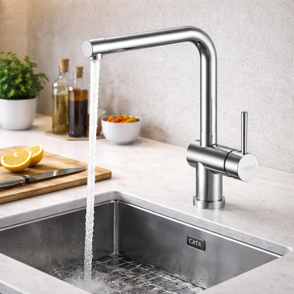 CATA Grifo De Cocina CSA CROMO/D Monomando Caño Bajo Giratorio 360º Acero Inoxidable Aireador Anticalcáreo Cartucho Cerámico Apertura En Frío Reductor Caudal 5L Conexión Flexible Acabado Inox