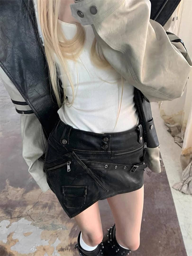 Kelsiop Minigonna da donna in pelle sintetica invecchiata nera asimmetrica gonna a vita alta moda
