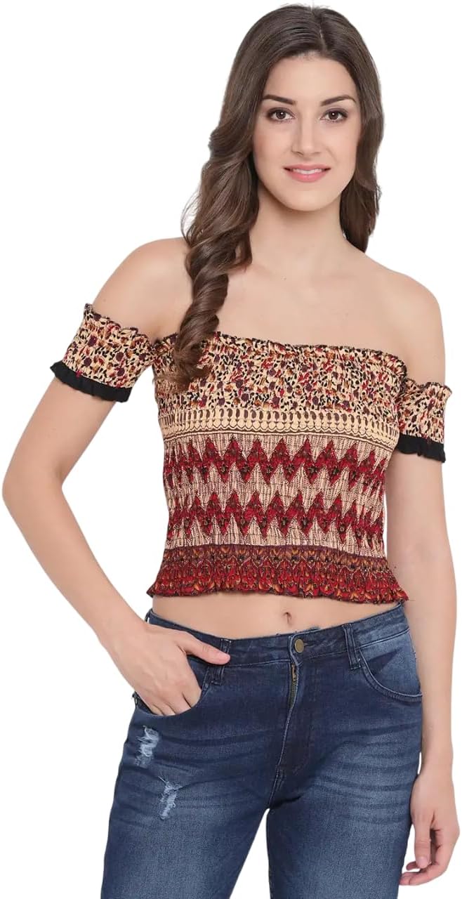 Bigdave Women's Rayon Printed Off-Shoulder Smocked Crop Top Short Sleeve Casual Styles Tank Top (Free Size) Multi8