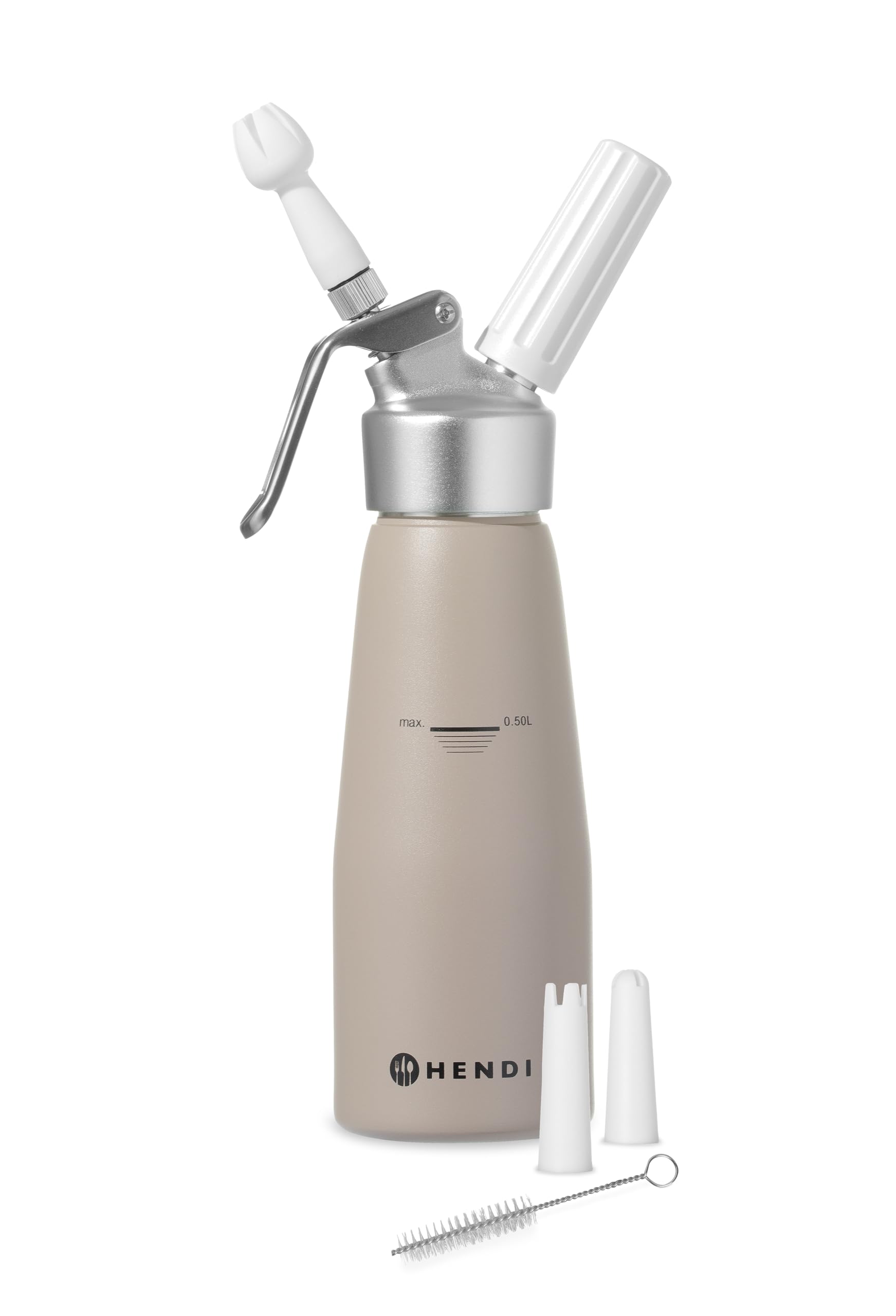 HENDI Sifón de cocina, con 3 boquillas de polipropileno y cepillo de limpieza, sifón para montar nata, espumas, mousses, postres, espumado en frío, 0,5L, ø80x(H)260mm, aluminio, color topo