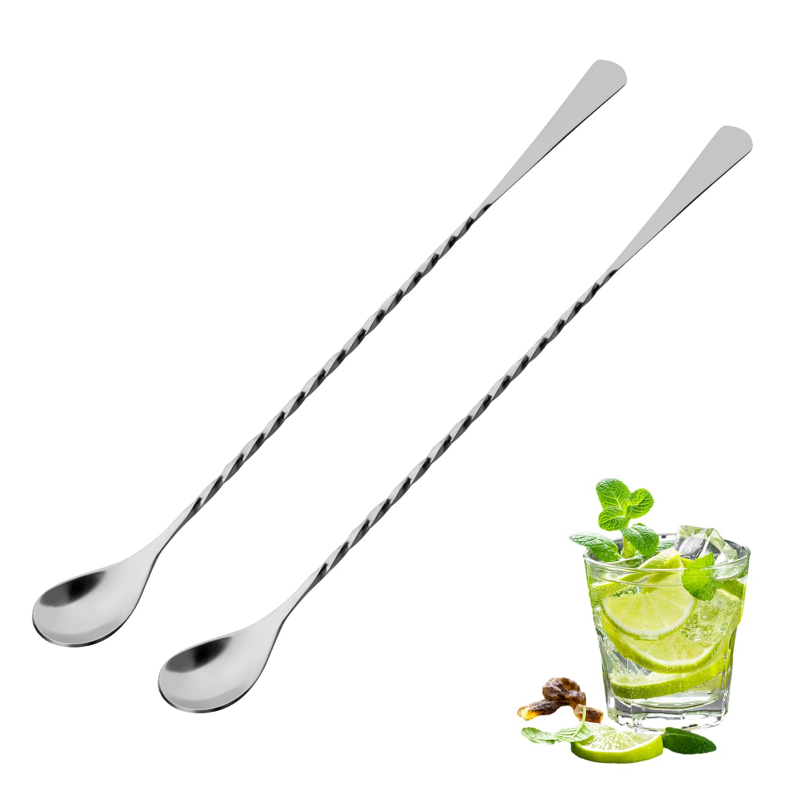 2Pcs Feather shape12 in Standard Stainless Steel Bartender Mixing Spoon 30cm, Spiral Pattern Bar Cocktail Shaker Spoon with LongHandle, Stirring Spoon for Layering Blending (2)