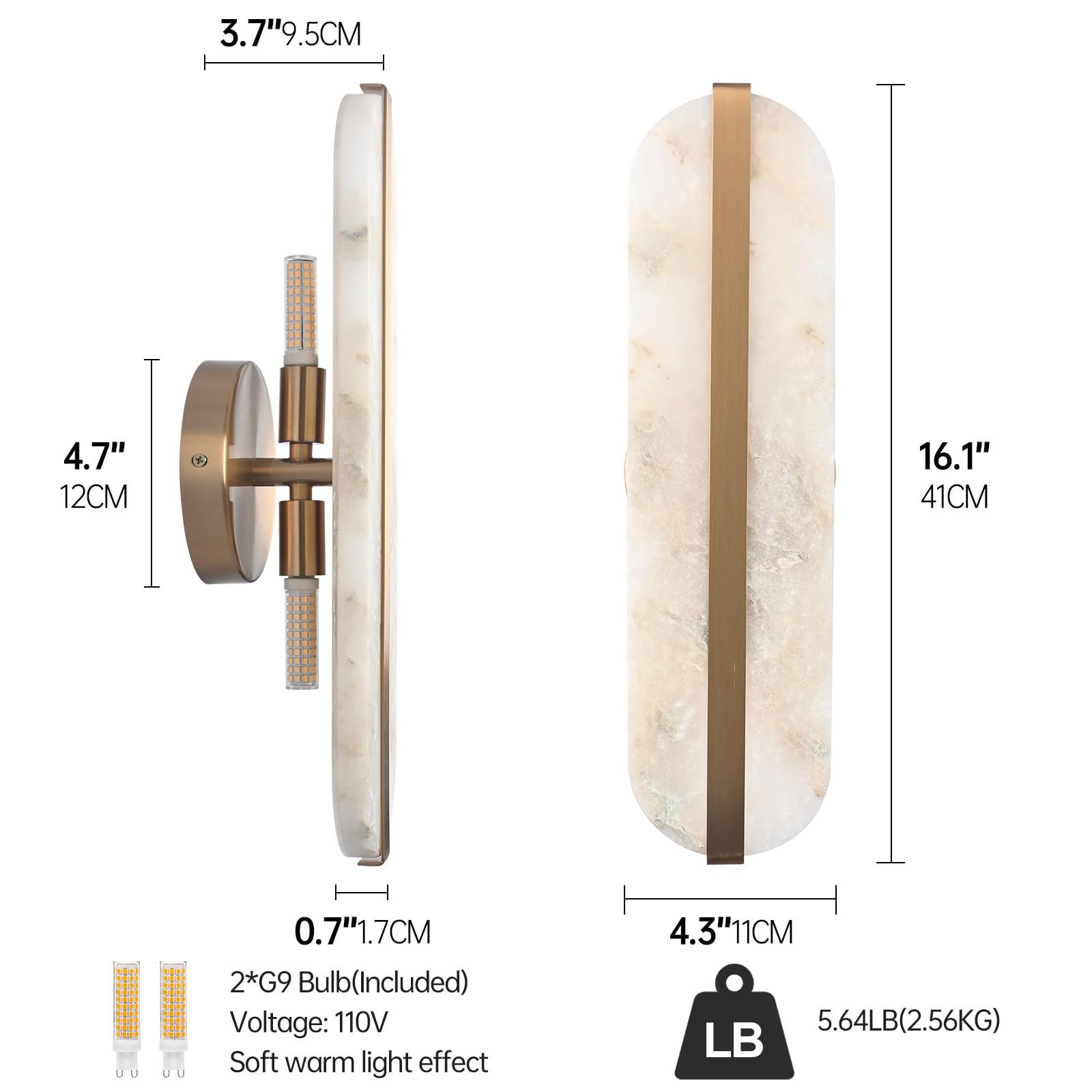 Aetherion Aplique De Pared De Alabastro Natural 15,7'', Lámpara Ovalada Moderna De Mármol, Iluminación Interior Para Baño, Dormitorio, Sala, Pasillo, Restaurante Y Escaleras Gold 1-Pack