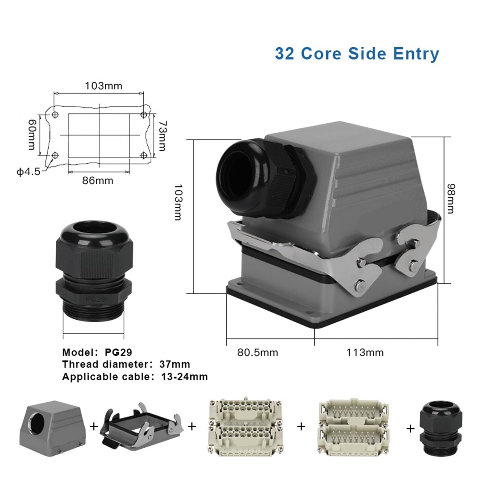 HDC HE 32 Pin Heavy Duty Connector, 16A 500V