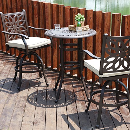 Phi Villa Bar Height Patio Furniture Set 3 Pcs, Cast Aluminum Outdoor High Top Table And Chairs, Pub Height Bistro Set With 2 Swivel Bar Stools With Cushion And 1 Patio Bar Table #TOP6