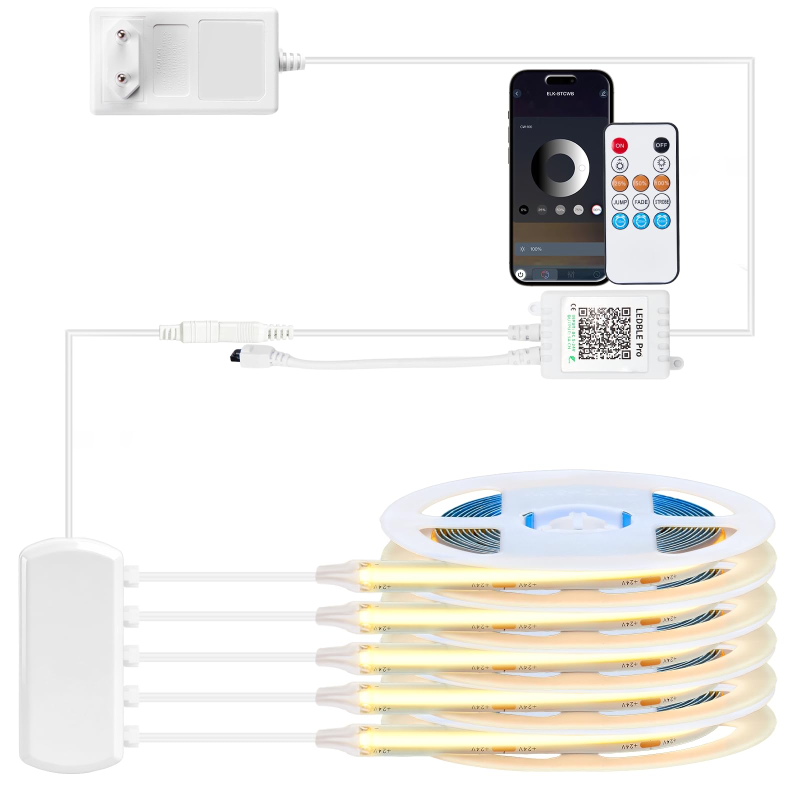 5 Stück 2M Warm weiß COB LED Strip Kit, 24V 5M COB LED Strip Licht mit Bluetooth APP und Fernbedienung für Akustikpanel, Regale, Showcases, Regal, Schrank Dekoration Beleuchtung