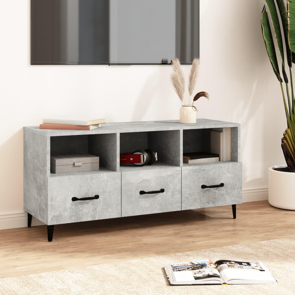 Nowoczesna szafka pod telewizor, betonowa szara, 102 x 35 x 50 cm, materiał drewnopochodny, z szufladami i półkami, do salonu, centrum rozrywki, stabilna konsola medialna