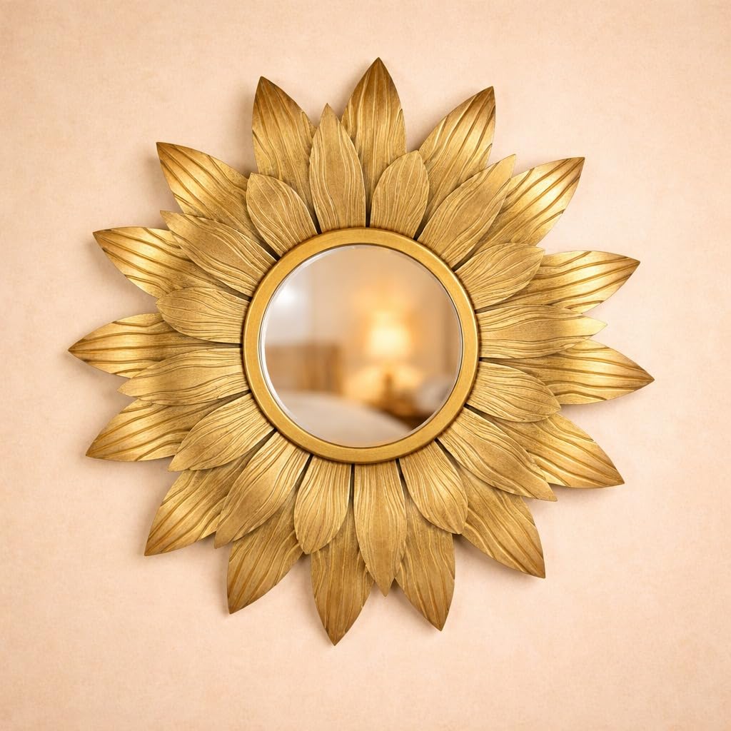 SATYAM KRAFT 1 Pcs Wall Mirror with Acrylic Golden Frame | Decorative Round Fiber Wall Hanging Mirror for Living Room, Bedroom, Hallway, Entrance, Dining & Office | Modern Home Décor Mirror