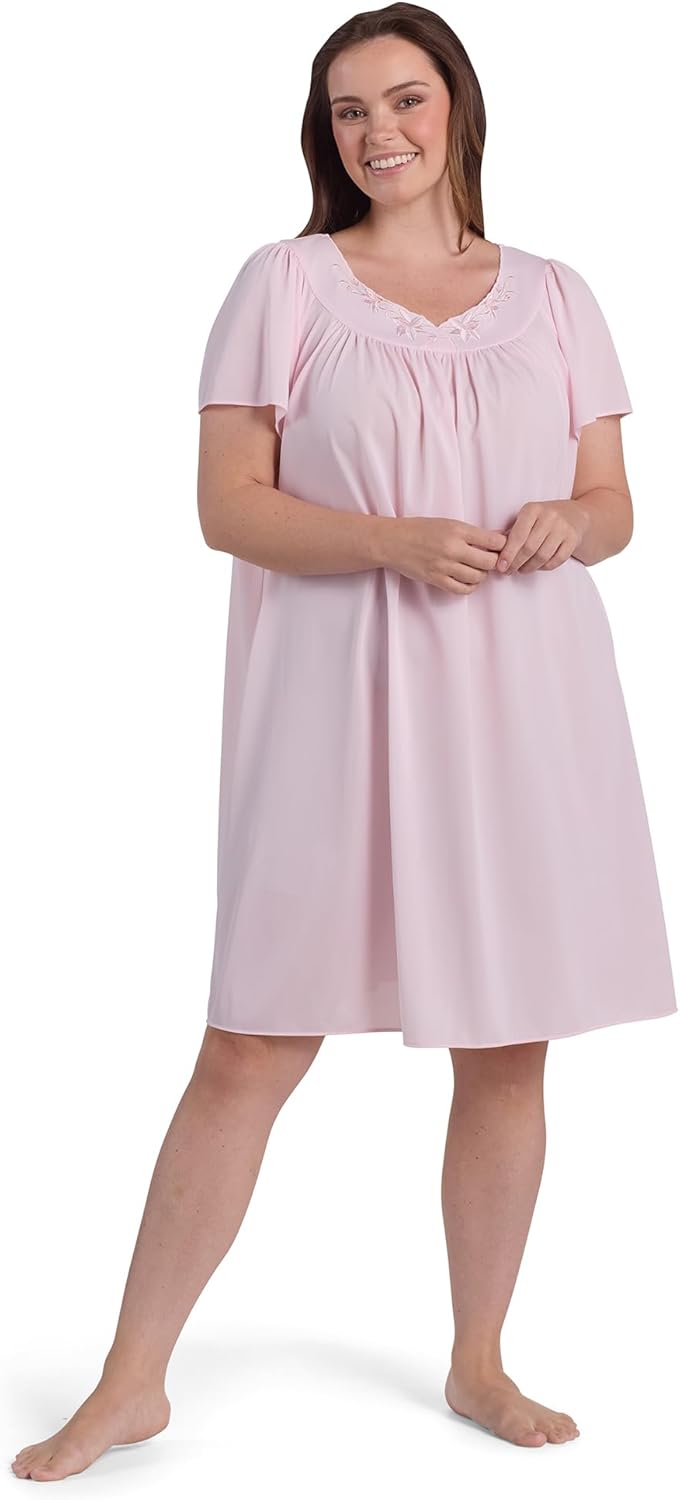 Miss Elaine Women's Short Tricot Nightgown, Flutter Sleeves and Premium Lightweight Fabric, Embroidered Neckline - Image 3