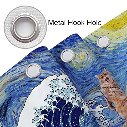 Veivian Funny Animals Shower Curtain, Funny Dinosaur And Cat In Japanese Kanagawa Waves Shower Curtain For Bathroom, Fabric Hilarious Shower Curtain 12Pcs Hooks, Blue Shower Curtain 70X70In #TOP4
