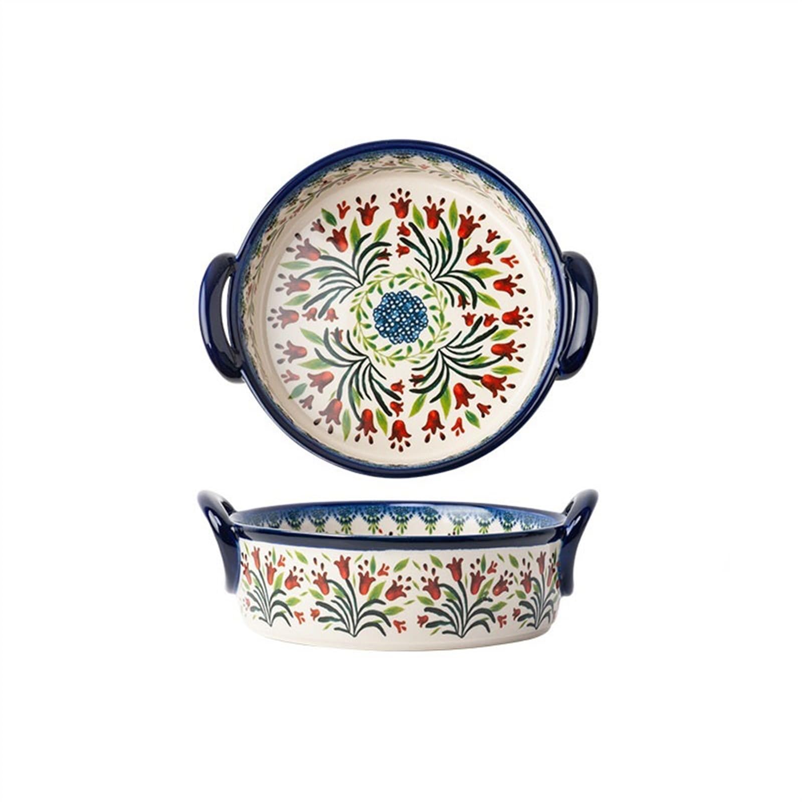 Teglie per Forno Ciotola for Cottura a Doppio Orecchio Pirofila for Uso Domestico Stoviglie in Ceramica retrò Maniglia Ciotola Insalatiera Piatto Profondo Teglia da Forno(18.5cm)