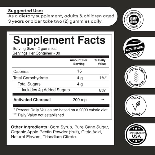 Miniatura 2 de Premium Grade Activated Charcoal Gummies - Coconut Charcoal Supplements for Detox Support, Oral Health, Stomach &amp; Digestion - Safe for Kids - No