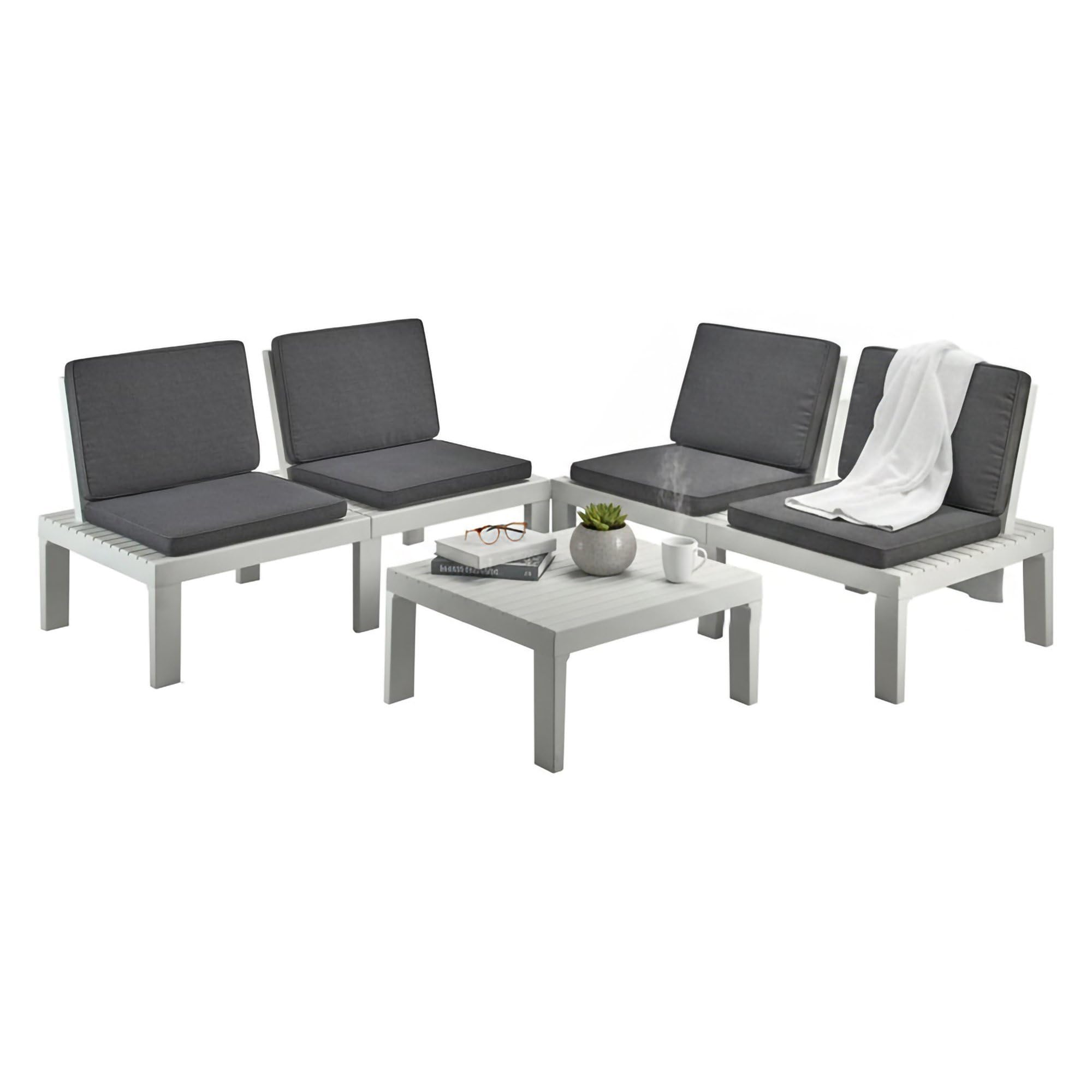 Dmora Set Salotto da Esterno Vigevano, Composizione da Giardino con 4 sedute con Schienale ed 1 modulo Multifunzione, Salottino con Cuscini, 100% Made in Italy, Bianco