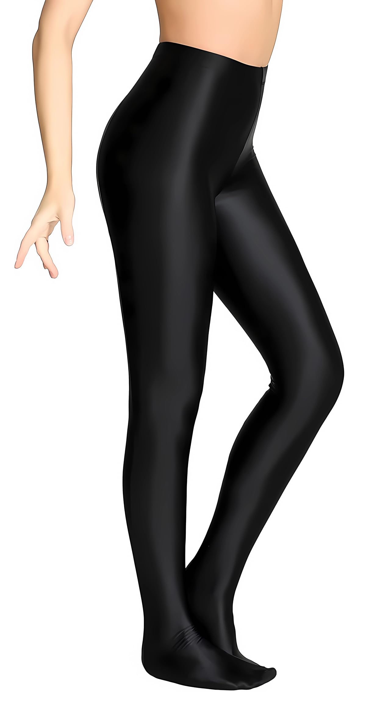 Hybursky Women's Black Shiny Tights, High Waist Tummy Control Glossy Yoga Sports High Tight, Stretchy Foil Metallic Spandex Pantyhose For 80S Disco, Slim Fit Solid Hold Up Leggings For Dancewear Nightclub Rave Party