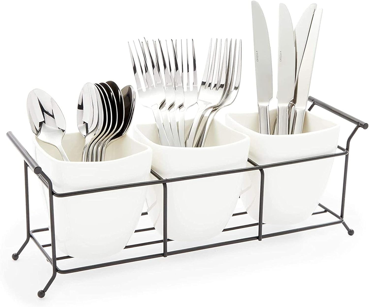White Ceramic Utensil Holder, Flatware Caddy with Metal Stand (13 x 4 x