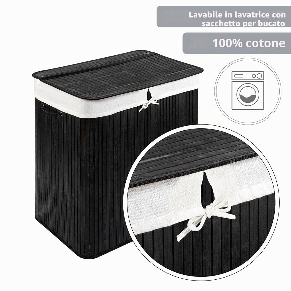PANA®ECO Cesto biancheria in bambù con coperchio - 72 L, 40x30 x 60 cm - N | Sacco biancheria rimovibile - Cesto pieghevole - Compatto, pratico e robustoo - 100% Bambus - Ampia capacità