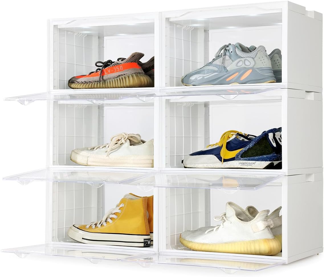 SupBro Led Collection Crate - Voice Control - Easy Access Storage Shoes box, Stackable Shoe Storage with clear plastic door for sneakers (11.2 x 14.9 x 8.8 inch (6pack), White)