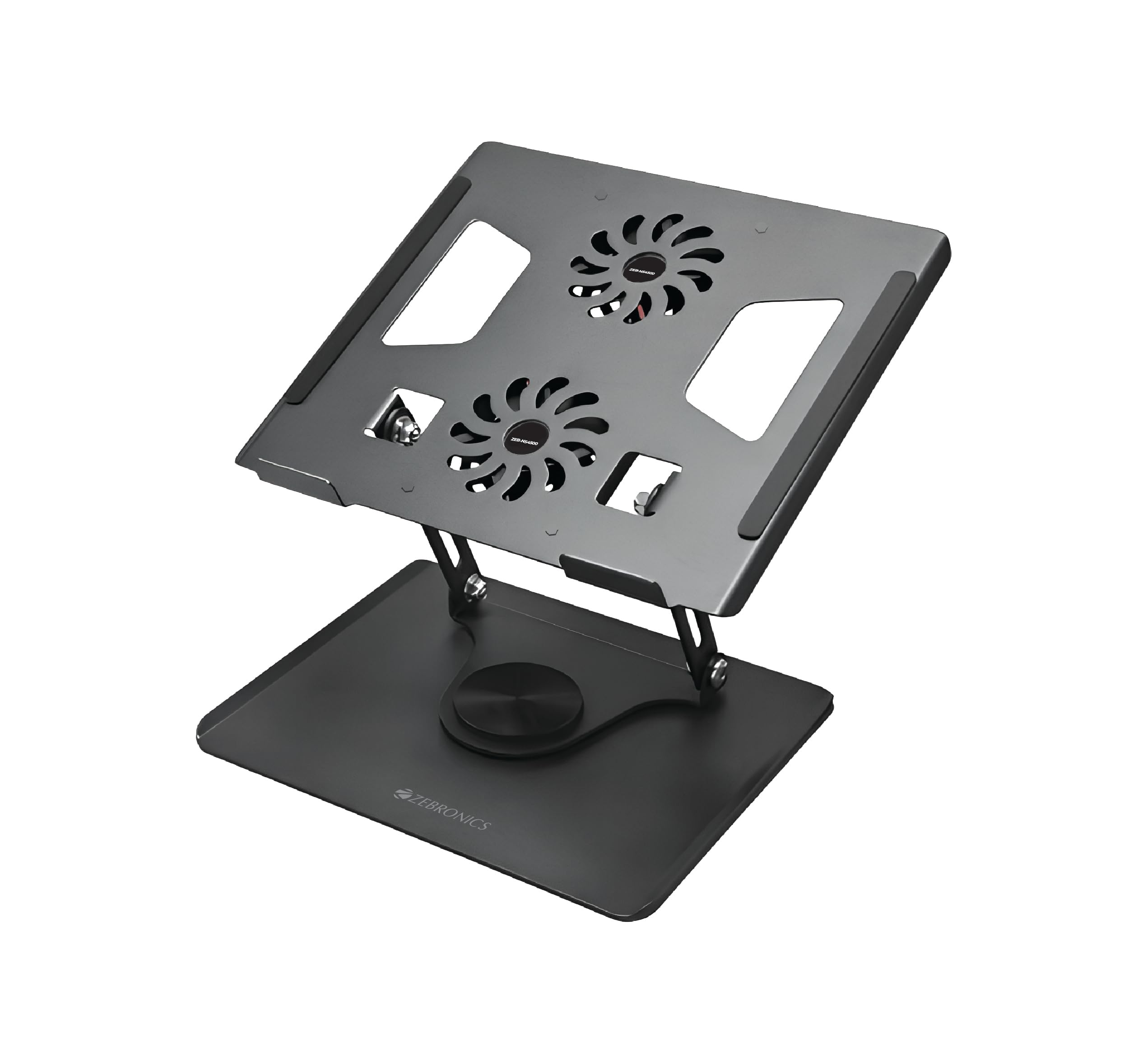 zebronics ns4500 laptop stand, 360° rotation, up to 15.6 inch & 5kg load support, foldable design, multi-angle adjustment, rgb lights, anti-slip pads, anti-rust metal body, two charging cables