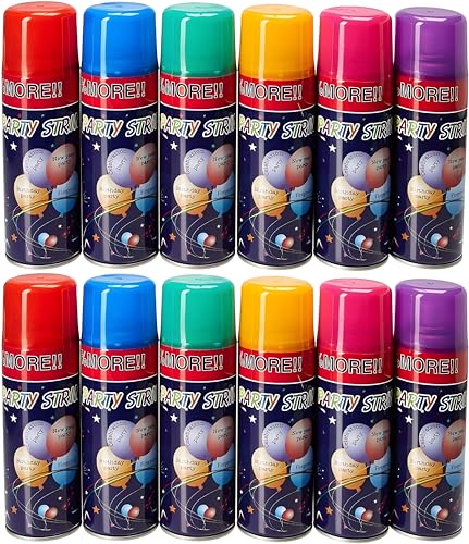 12 Pack Party String Spray (3 oz Each) – Streamer Spray in a Can, Full Color Set with 2 of Each Color, Party Supplies for Kids’ Parties,...