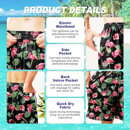 Mens Swim Trunks for Men, Black Leaf Flamingo Mens Board Shorts Swimwear Bathing Suit with Mesh Lining, Funny Hawaii Quick Dry Beach Shorts for Men Swimming Trunks, XX-Large