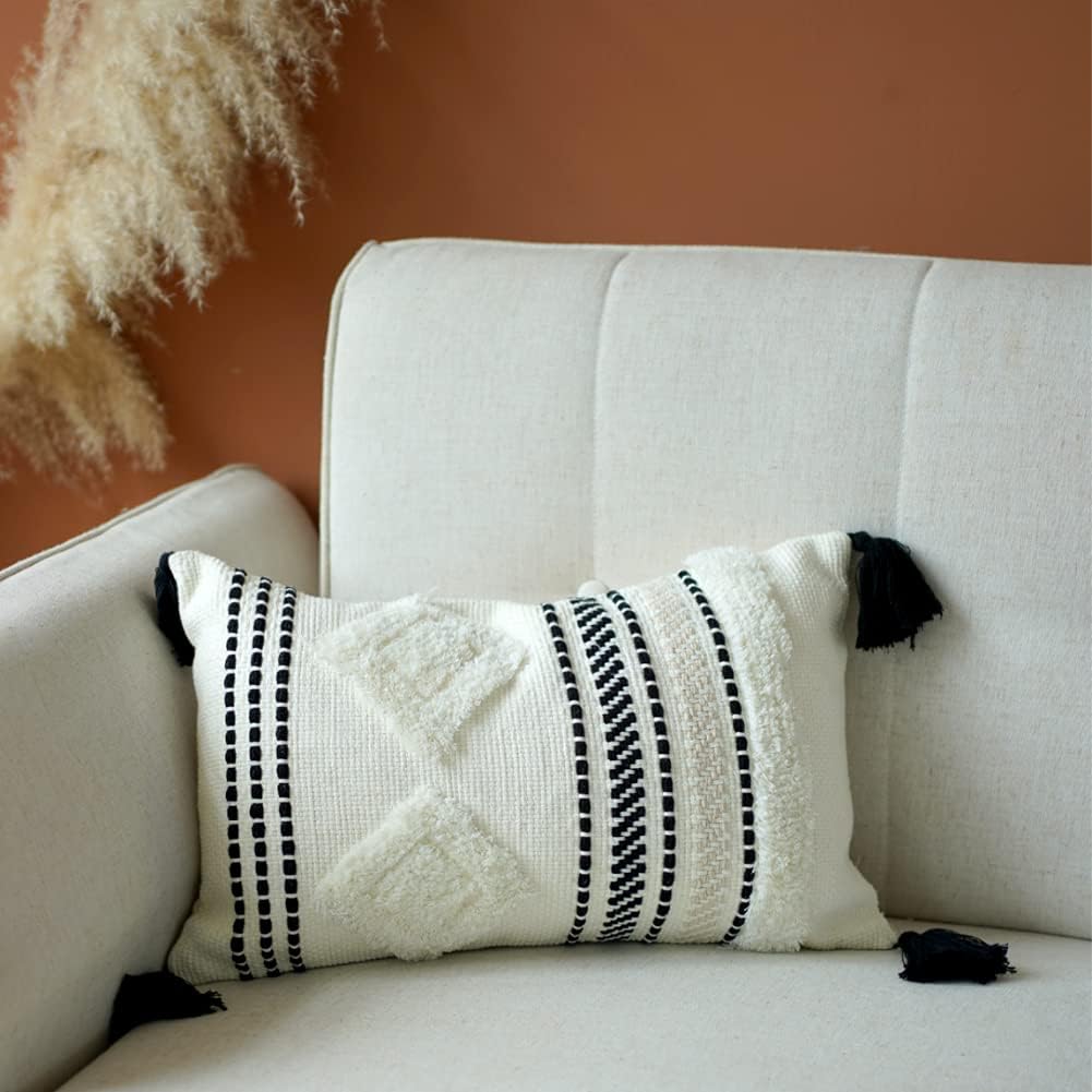blue page Set of 2 Boho Throw Pillow Covers 12x20 Tufted Woven Decorative Pillows Cover, Neutral Lumbar Small Throw Pillows for Couch Bed, Modern Morocco Farmhouse Cases, Black Yellowy Cream : Home & Kitchen