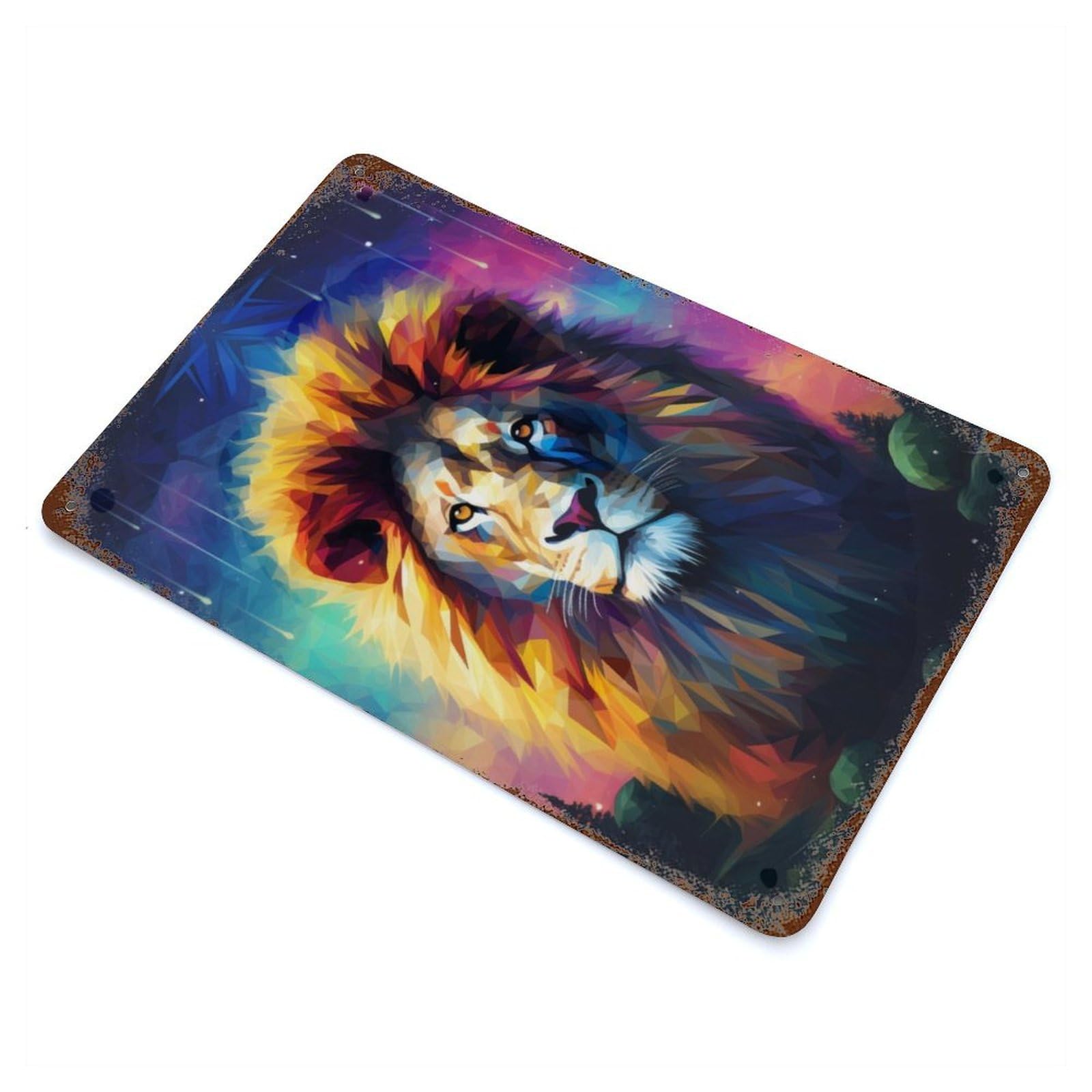 Geometric Lion Aged Metal Wall Plaque 11.8"x7.9", Industrial Home Decor for Pub, Kitchen And Man Cave Decor