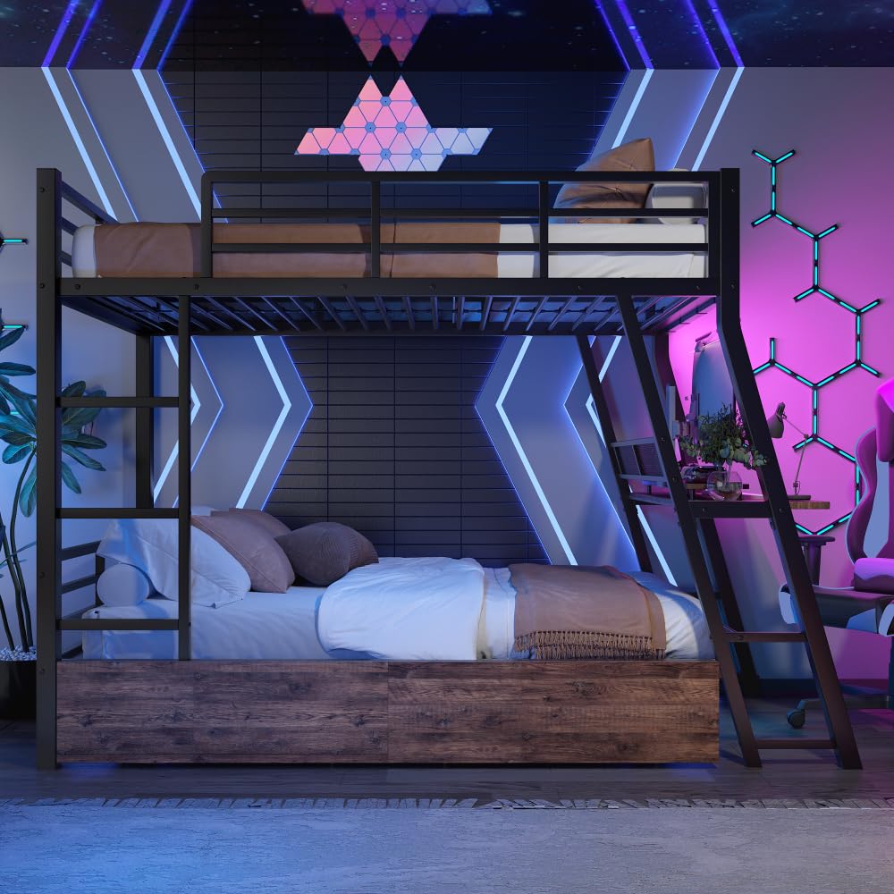 Sapgaks Lit Mezzanine 2 Places 90 x 200 avec Bureau et escalier et LED, lit superposé 2 Places avec tiroirs,lit Enfant Garcon avec Rampe, escalier, Bureau, sans Matelas, Noir