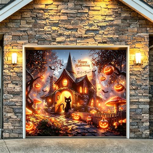 7x8 FT Trick or Treat Halloween Garage Door Cover, Large Banner Backdrop with Witch Cottage Black Cat Pumpkins Ghost Bats Mushroom, Outdoor Home Yard Party Photo Decoration Background