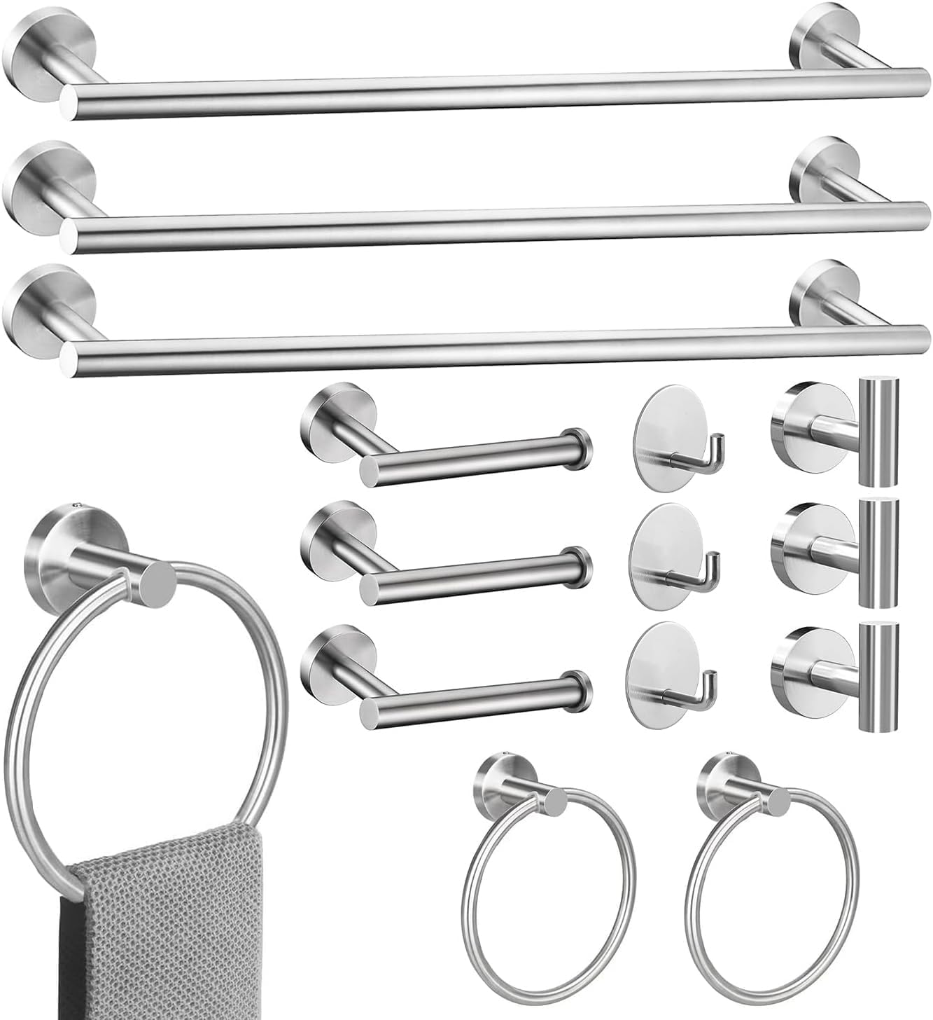 15sets 24inch Brushed Nickel Bathroom Hardware Set, Include 3PCS 24inch Towel Bar, 6PCS Robe Hook, 3PCS Towel Ring, 3PCS Toilet Paper Holder Brushed Nickel 15pcs-23.6inch