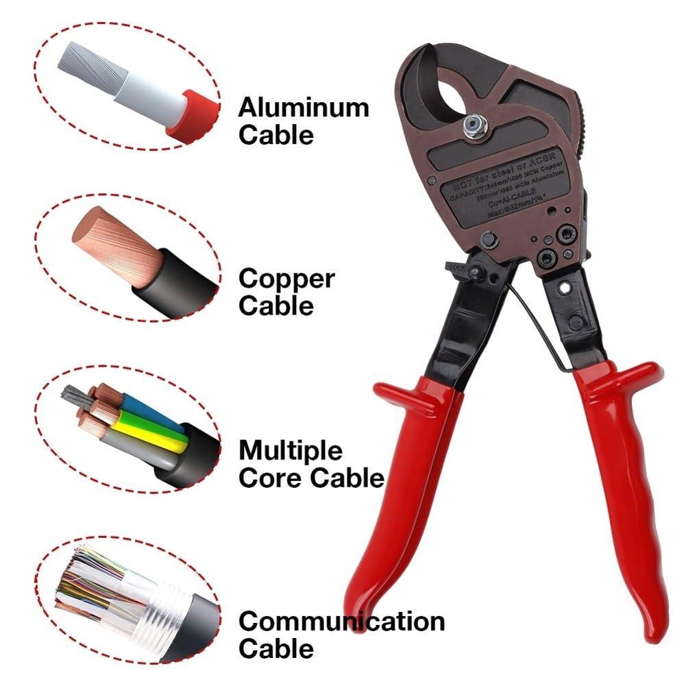 Ratschen-Kabelschere 325C aus 60Si2Mn Legierungsstahl für Kupfer bis 240mm² und Aluminium bis 600 kcmil mit ergonomischem Griff und Schnelllösetaste, Rot