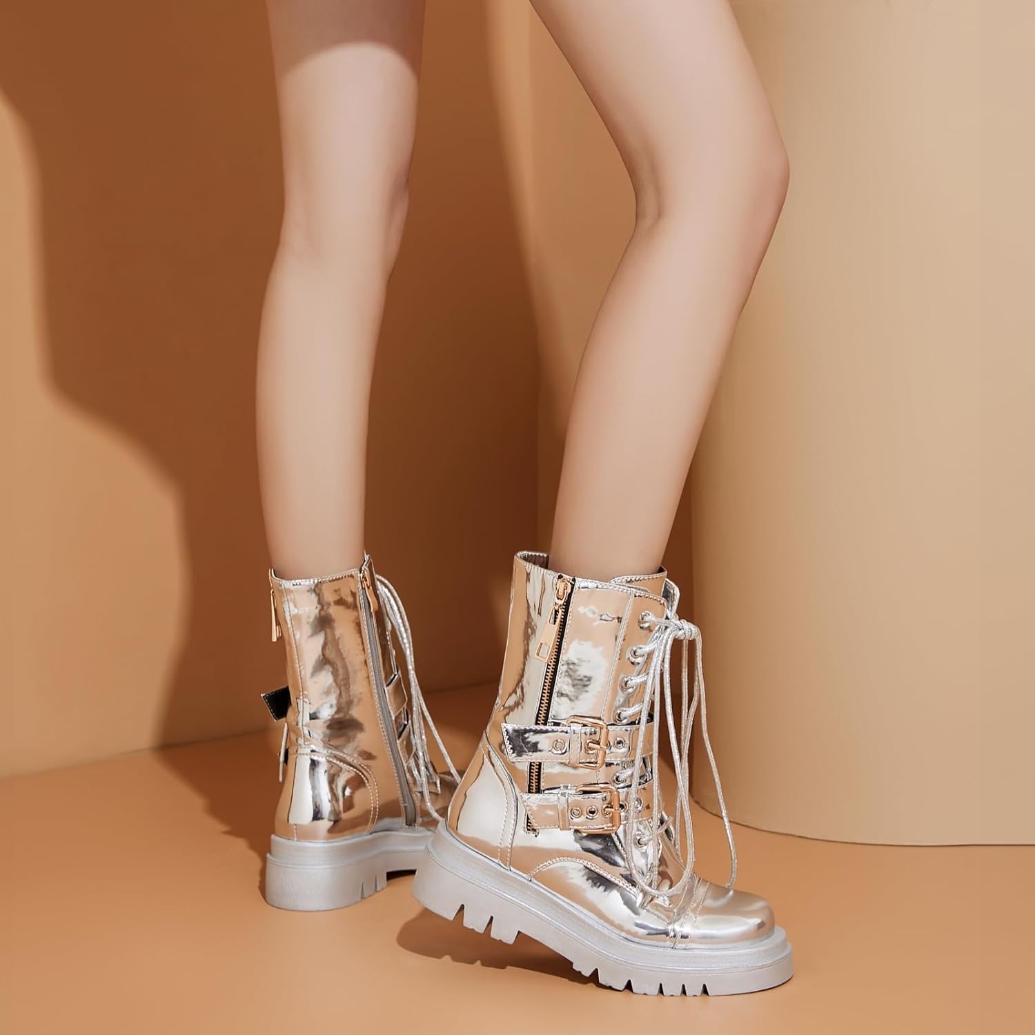 Women's Metallic Mid Calf Boots Platform Chunky Heel Silver Combat Boots Lace up Metal Buckle Zipper