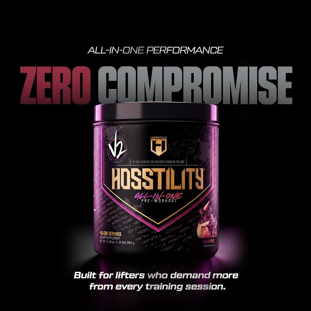 HOSSTILE Hosstility V2 Pre-Workout Powder, All-in-One Pre-Workout Supplement for Energy, Focus & Pump Support, Grape Apple, 40/20 Servings