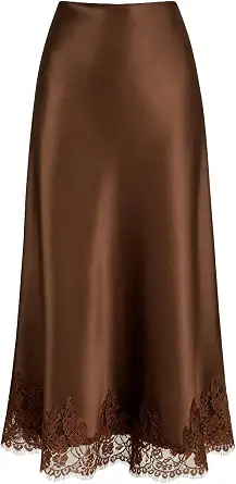 VividMosaic Lace Trim Satin Midi Skirt High Waisted Long Skirt for Women