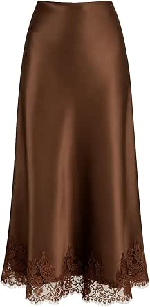 VividMosaic Lace Trim Satin Midi Skirt High Waisted Long Skirt for Women