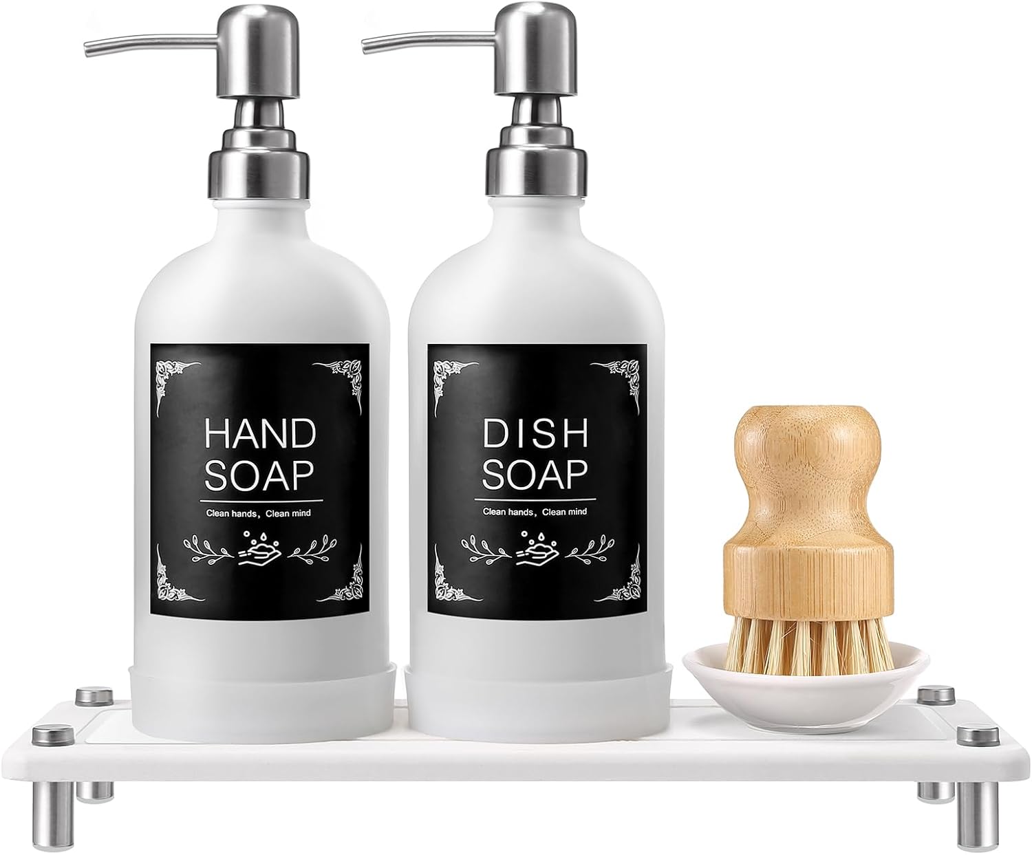 Dish Soap Dispenser Set for Kitchen 16oz Glass Bottle with Stainless Steel Pump, Instant Dry Tray, Perfect for Kitchen Decor and Bathroom Accessories, Women’s Gifts for Christmas