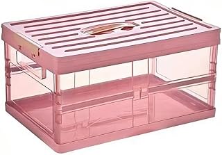 Clear Foldable Storage Bins with Lids Plastic Collapsible Storage Box Portable Stackable Grocery Books Container Folding Latching Storage Crate for Indoor Outdoor Car Trunk (Pink)