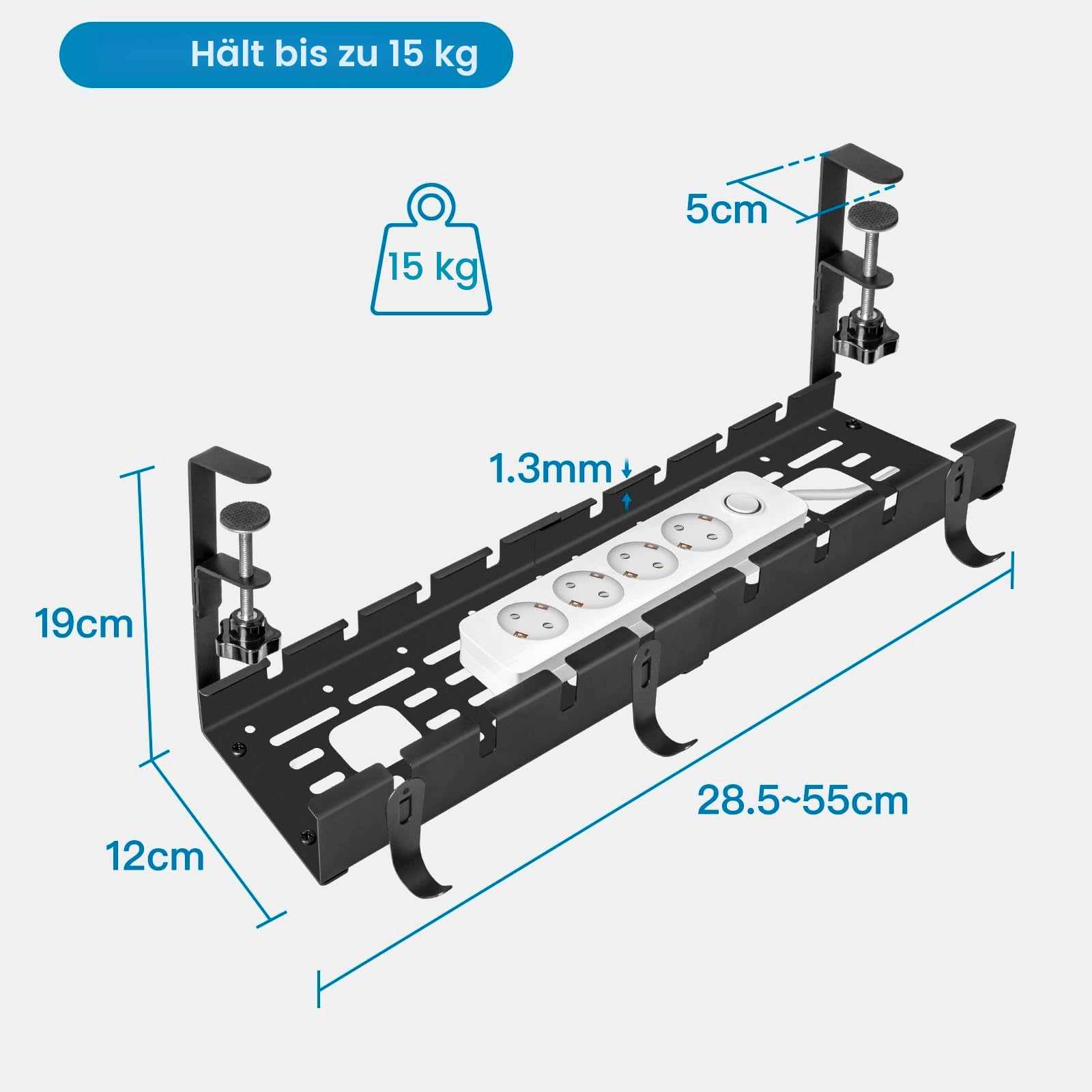 Kabelkanal Schreibtisch Schwarz Ohne Bohren, Einziehbar 28,5-55CM Kabelmanagement Schreibtisch, Verstellbarer Metall Kabelhalter Kabelwanne Kabel Organizer Tisch, Kabelkorb Klemmbar für Büro