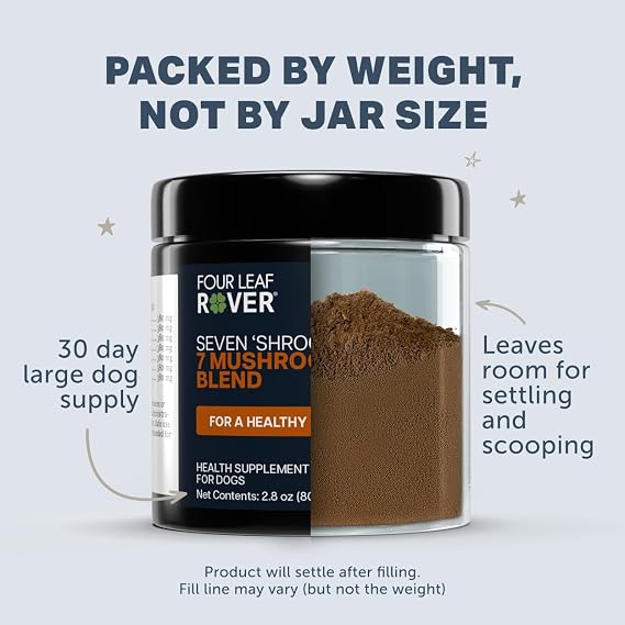 Four Leaf Rover Seven Shrooms - Organic Mushroom Supplement for Dogs - 7 Whole Mushrooms (Turkey Tail, Reishi, Cordyceps, Shiitake, Maitake) - Immune Support Powder with Beta-Glucans, Vet Formulated | Turkey tail, reishi, cordyceps, shiitake, maitake, chaga, phellinus. Whole fruiting body, beta-glucans. Vet formulated, USA.