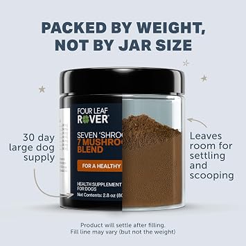Four Leaf Rover Seven Shrooms - Organic Mushroom Supplement for Dogs - 7 Whole Mushrooms (Turkey Tail, Reishi, Cordyceps, Shiitake, Maitake) - Immune Support Powder with Beta-Glucans, Vet Formulated | Turkey tail, reishi, cordyceps, shiitake, maitake, chaga, phellinus. Whole fruiting body, beta-glucans. Vet formulated, USA.