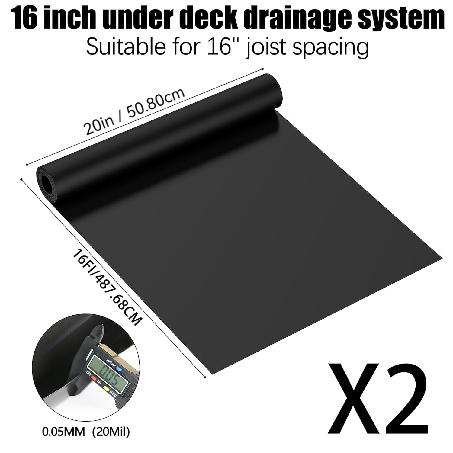 Deckit 16FT Under Deck Drainage System, Black 20MIL(0.5mm) HDPE Heavy Duty Waterproof Membrane Roll, No Unsightly Parts for 16" Joist Spacing, Pergola & 2nd Floor Patio Deck