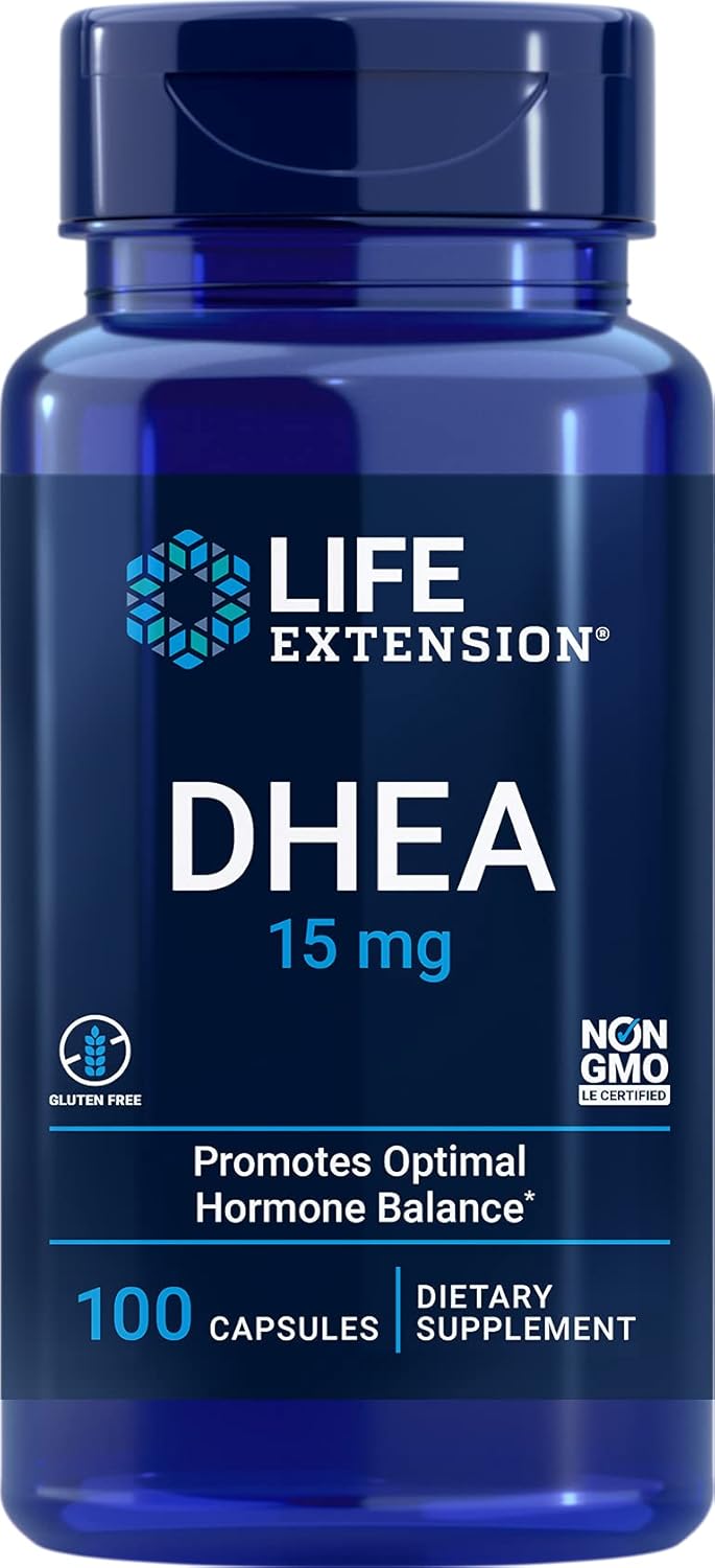 Life Extension DHEA 15 mg, dehidroepiandrosterona, Equil&iacute;brio Hormonal Saud&aacute;vel, Sa&uacute;de Cardiovascular, Suporta Massa Muscular Magra, Sem Gl&uacute;ten, N&atilde;o-OGM, 100 C&aacute;psulas
