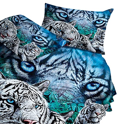 Hommomh Animal Bedding Duvet Cover Set White Tigers Blue Print For Kids Boy Girl Teen, 1 Duvet Cover With 2 Pillowcases, Easy Care, King Size #TOP1