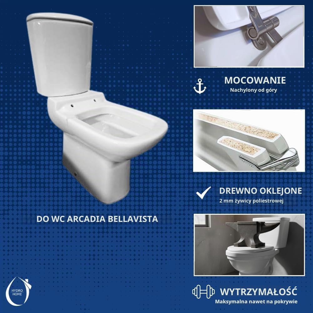 Deska sedesowa kompatybilna z Arcadia Bellavista z pochylonymi zawiasami, deska sedesowa z powłoką z żywicy poliestrowej, biała, błyszcząca, mocowanie, od góry | Hydro Home