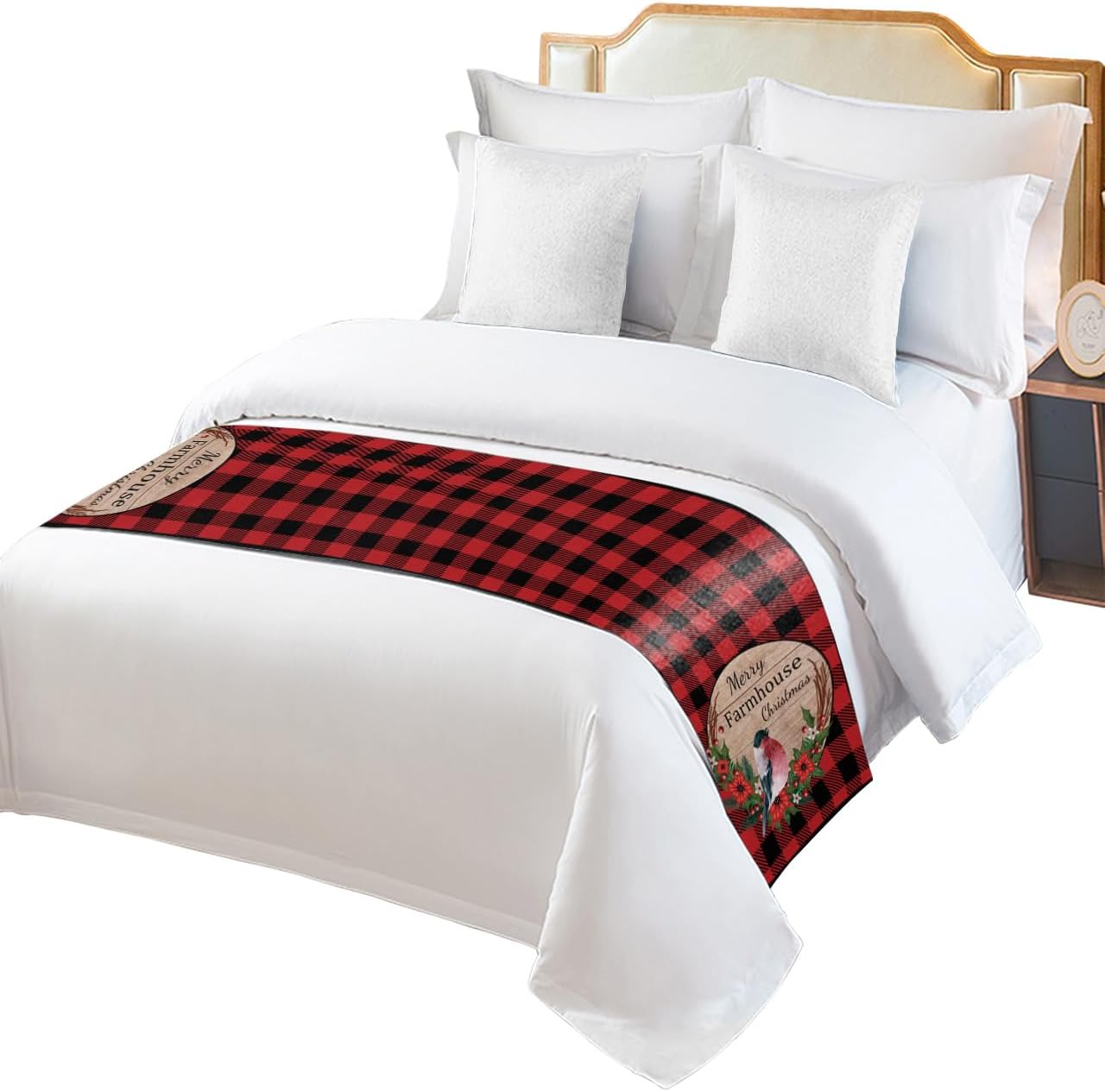 Bed Runner Scarf, Merry Farmhouse Christmas Bird with Flower Buffalo Plaid King Bed Bedding Scarves Cover Decorative Bed Scarf for Home Hotel Guesthouse Bedroom Wedding Room Guestrooms 94"x20"