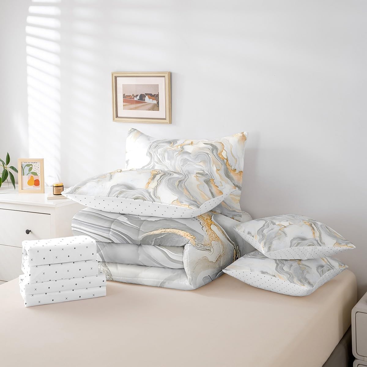 Full Size Marble Comforter Set Kids Boys Girls Modern Abstract Texture Bedding Set 7 Piece Grey White Bed Set Includes Comforter, Sheet Set, Pillowcases, Pillow Covers Super Soft Breathable