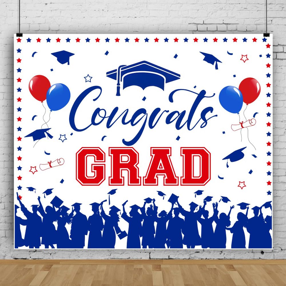 10x8ft Blue Congrats Grad Backdrop Class of 2025 Graduation Backdrops for Photography Congratulations Graduates Background Portrait Photoshoot College Prom Decorations for Party Photo Booth Props