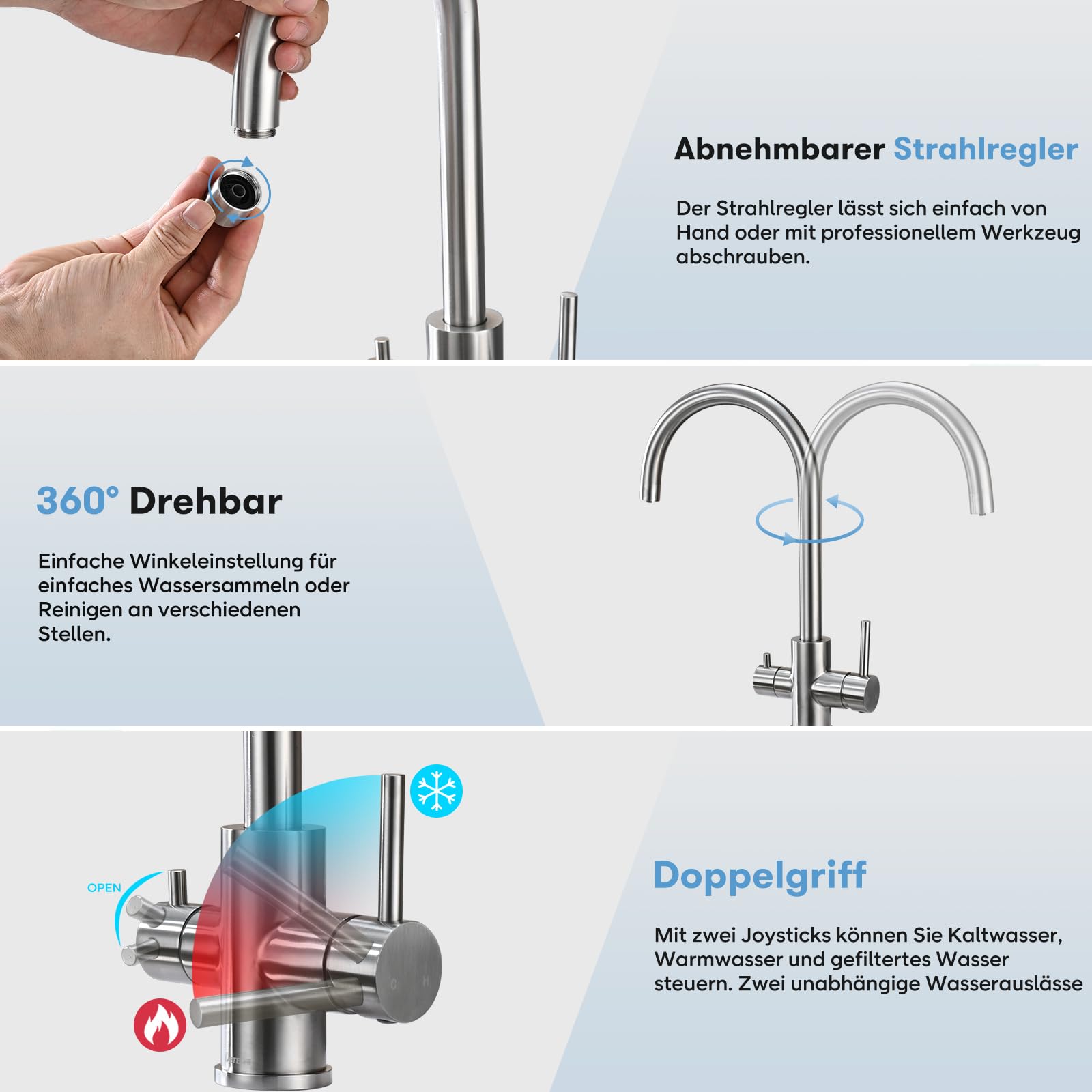 3-Wege-Küchenarmatur, DETBOM Wasserhahn für Küche mit Osmoseanlage, 360° drehbar, Doppelhebel, 3 in 1 Spültischarmatur für Wasserfilter, Edelstahl Gebürstet