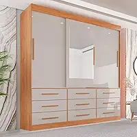 Guarda Roupa Casal 3 Portas 9 Gavetas com Espelho Luana Sallêto Móveis Cinamomo/off White