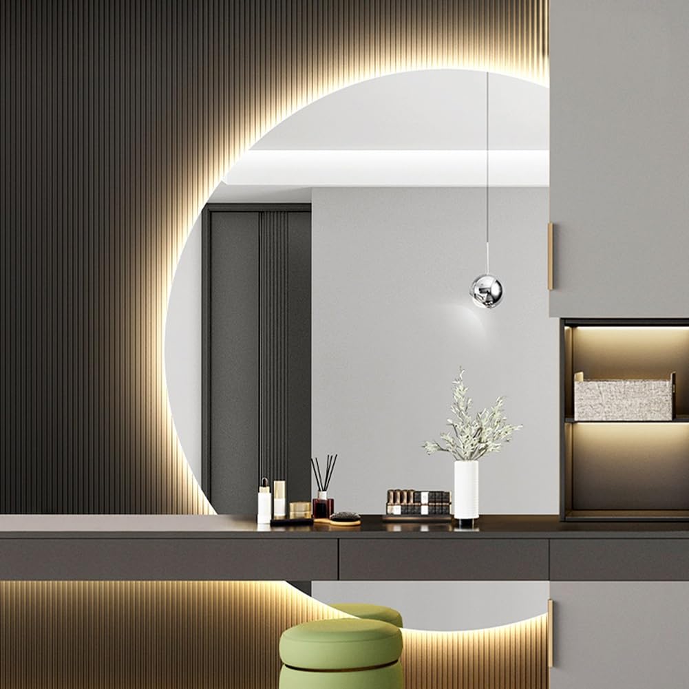 WQZzjm Dimmable 130cm Bathroom Mirror, Touch Switch, AntiFog, 3 Color LED Backlit, Cosmetic Mirror, Left Semicircle Design (100x70cm) (Left Semicircle 90x60cm)