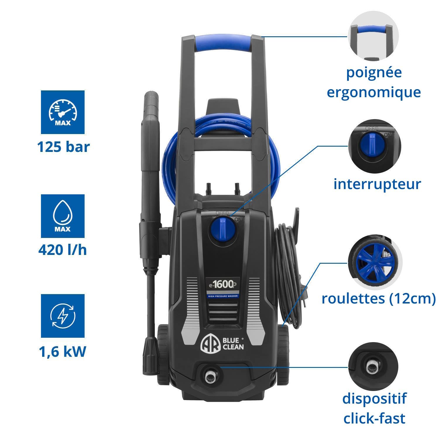 AR Blue Clean Hidrolimpiadora de Alta Presión con Patio Cleaner y Cepillo Fijo e-1600P (1600 W, 125 bar, 420 l/h)